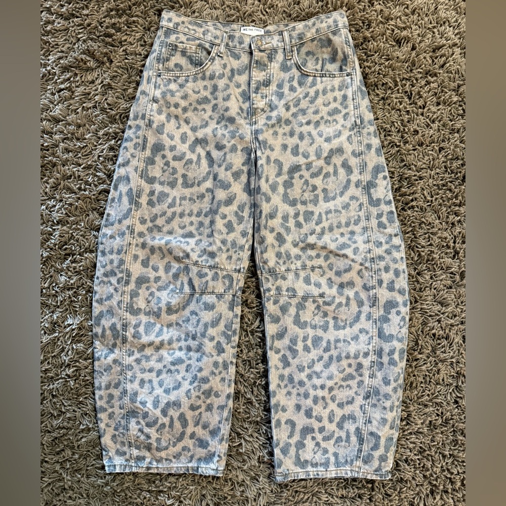 Free People We the Free Good Luck Mid Rise Barrel Jeans - Leopard Print, 28, EUC